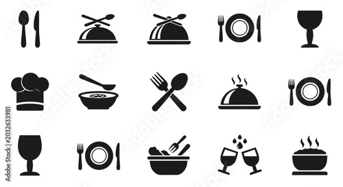 Quadro su tela Restaurant, food, and drink icons, 20 black vector symbols, kitchen utensils, di