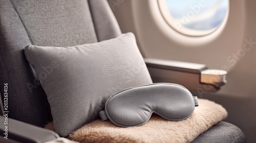 First class airplane seat set up for relaxation with a travel pillow, eye
