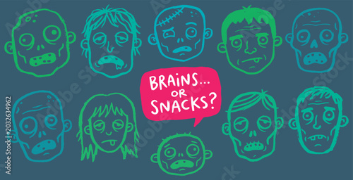 Tableau sur toile A collection of ten cartoon zombie faces with different expressions and the text BRAINS
