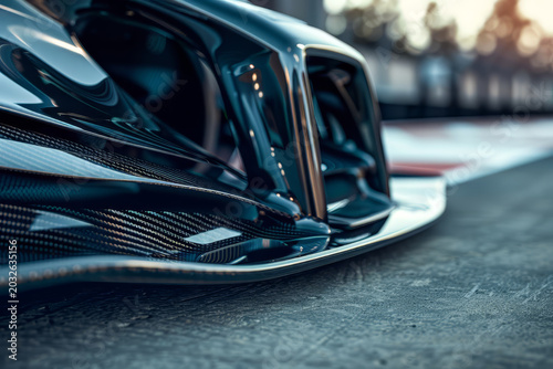 Close-up of a sleek, aerodynamic racing car's front wing and carbon fiber details