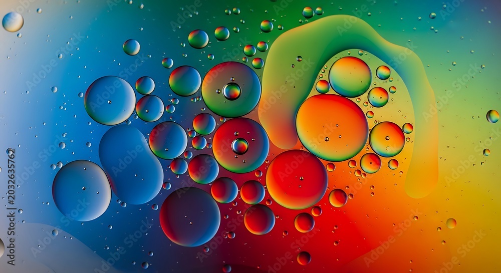 Fototapeta premium Vibrant colorful oil bubbles, rainbow background, liquid texture, abstract macro