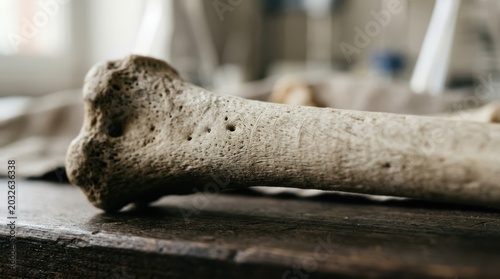 Close-up of a fossilized animal bone on a wooden table in a laboratory setting with natural light