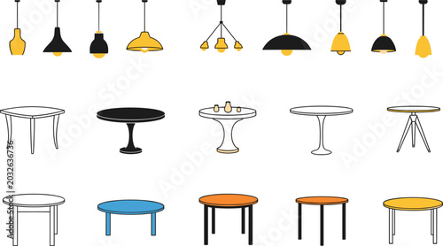 Modern furniture icon set with hanging pendant ceiling lamps and various round coffee dining side tables vector