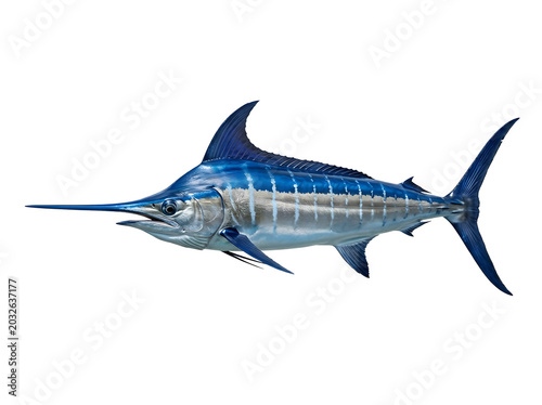 Blue marlin fish jumping out of ocean waves with splashing water in digital art style
