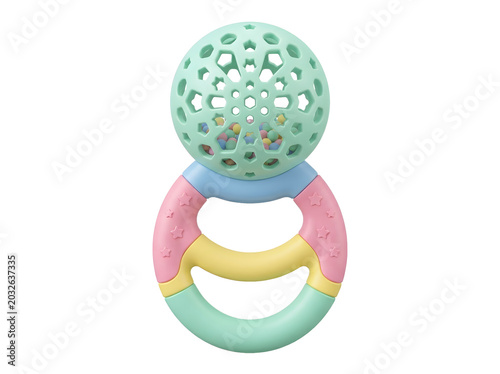 Colorful baby teether toy with textured surface and soft rings isolated on a transparent background