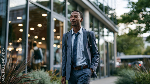 Young professional taking a quiet break outside an office building alone, loosening shoulders for workplace mental health calm