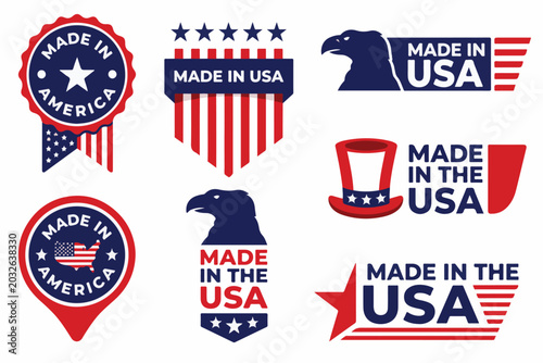 Made in USA labels and American quality badges. Red white and blue patriotic product stickers with eagle and stars. Set of 7 United States manufacturing icons for retail and packaging.