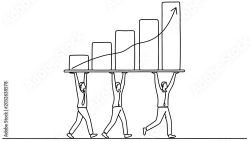 Canvastavla WebMinimalist continuous one-line drawing of a business team holding up a rising financial bar chart