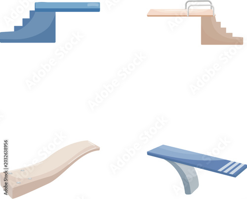 Different diving board designs used for various water sports and recreation activities