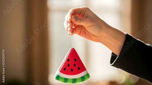 Hand Holding a Small Watermelon Slice Plush Toy Ornament