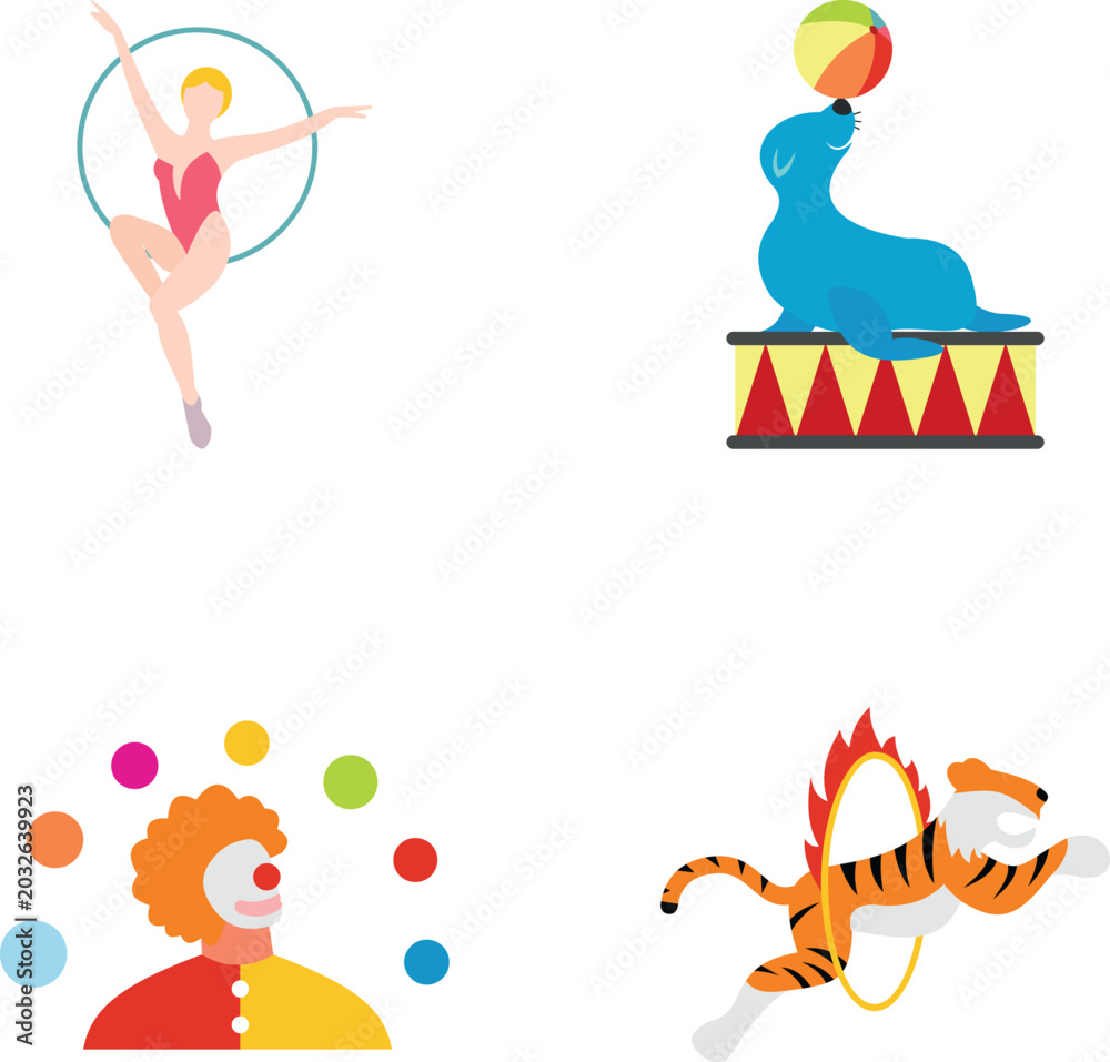 Fototapeta premium Circus performs various acts including acrobat, seal, clown, and tiger