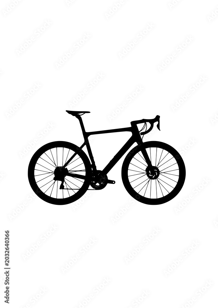 Obraz premium Black silhouette of a road bicycle on white background, side view, cycling icon