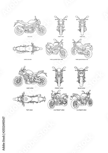 Detailed technical drawings of various motorcycle designs and angles, showcasing different bike parts.