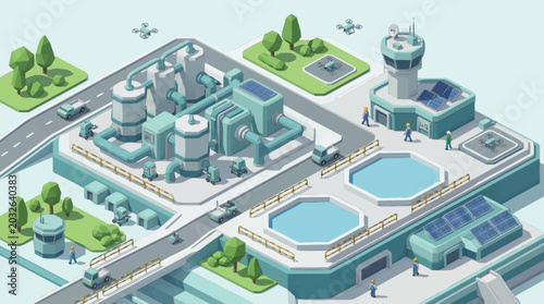 Foto Modern industrial complex with solar panels and control tower.