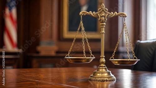 trial. Balanced scales of justice on a wooden courtroom desk. event programs, museum guides, designed for cultural heritage projects and event programs.