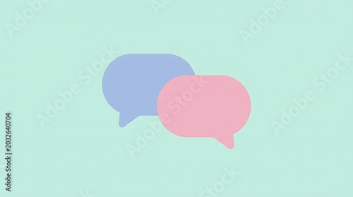 Two speech bubbles, one blue and one pink, overlapping on a light blue background, representing conversation and communication