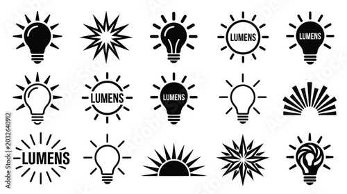 Collection of black light bulb icons and sunshine symbols for creative digital and print projects