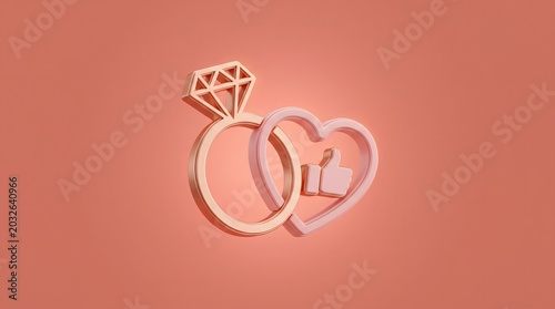 A beautifully rendered 3D illustration combining a golden diamond engagement ring with a pink heart like icon, symbolizing modern relationships and digital approval