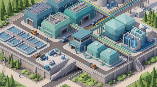 Tableau sur toile Modern industrial complex with clean energy infrastructure and water treatment facilities