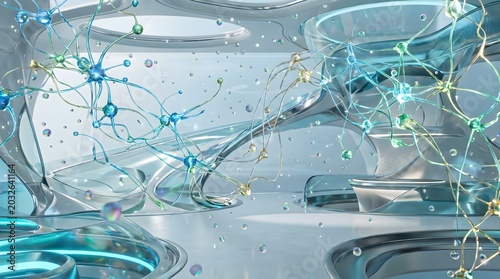Dynamic digital representation of a futuristic healthcare environment, showcasing abstract neural network connections and advanced biotech concepts for medical innovation and research