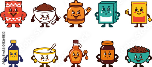 Photos Cartoon food and drink characters with smiling faces and anthropomorphic feature