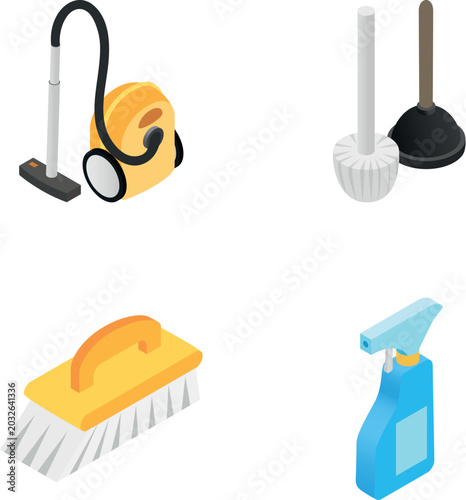 Various cleaning equipment for managing household chores and maintaining hygiene