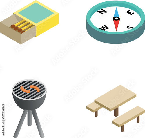 Isometric illustration showing matches, compass, grill with sausages, and picnic table