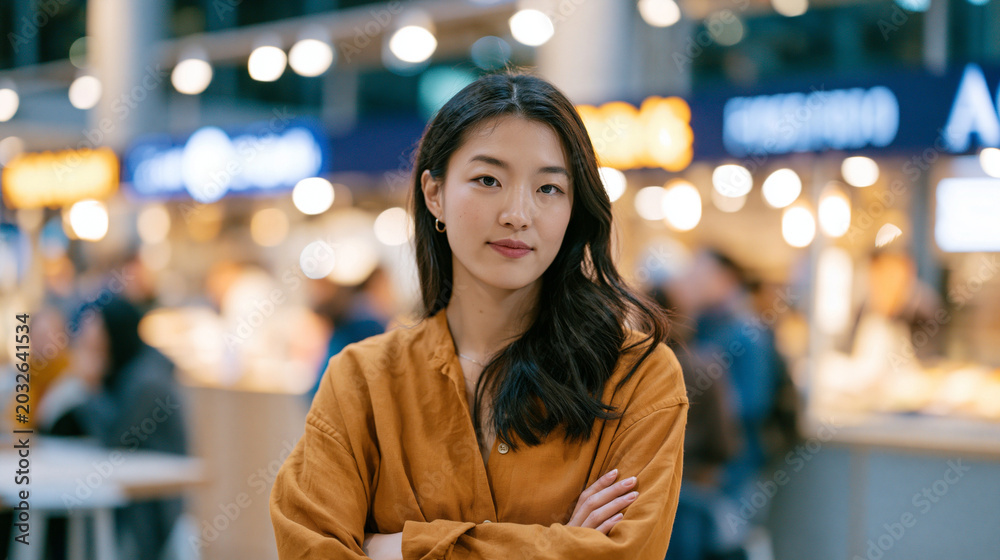 Obraz premium Crowded urban food hall where woman pauses alone surrounded by fast food stalls, overwhelmed expression amid competing food choices, appetite regulation struggle in public space for behavioral nutri