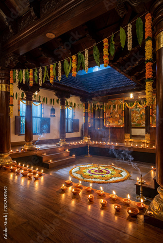 Traditional Indian house courtyard decorated with oil lamps and flowers