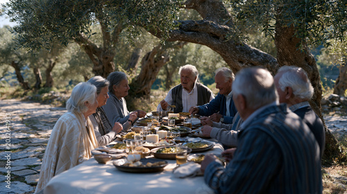 Sardinian centenarians gathered around an outdoor table for a communal afternoon meal featuring fava beans, pecorino, and seasonal vegetables, blue zones longevity diet ritual with laughter mid-conv
