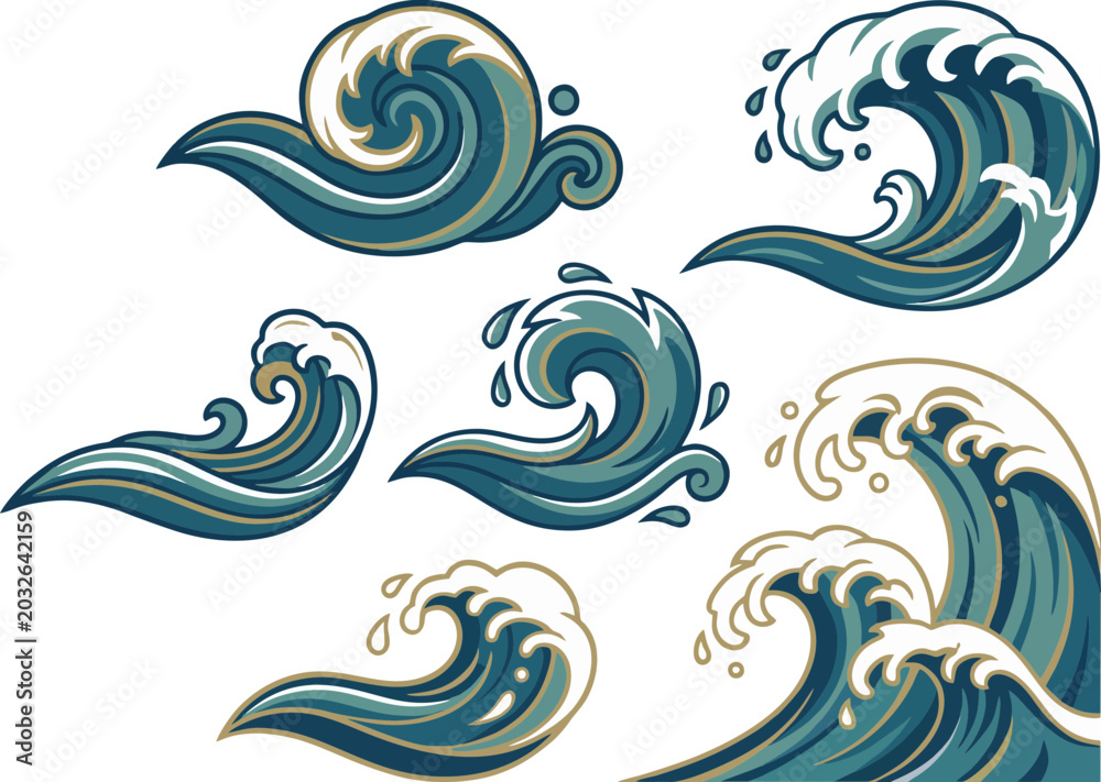 Fototapeta premium Set of stylized ocean wave illustrations featuring dynamic blue water splashes and swirling liquid forms for creative graphic design projects