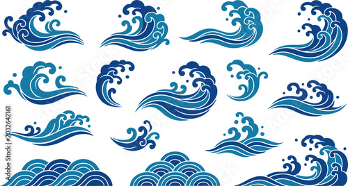Fotografía Collection of stylized blue ocean wave illustrations designed in a traditional j