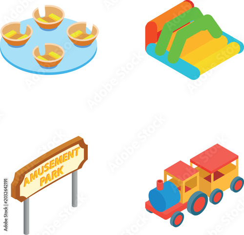 Amusement park elements including a spinning ride, bouncy castle, sign, and toy train