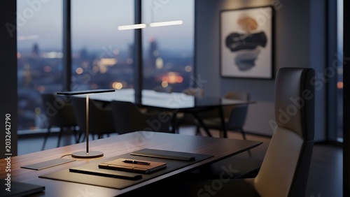 Modern Executive Office Desk with Blurred City View at Night