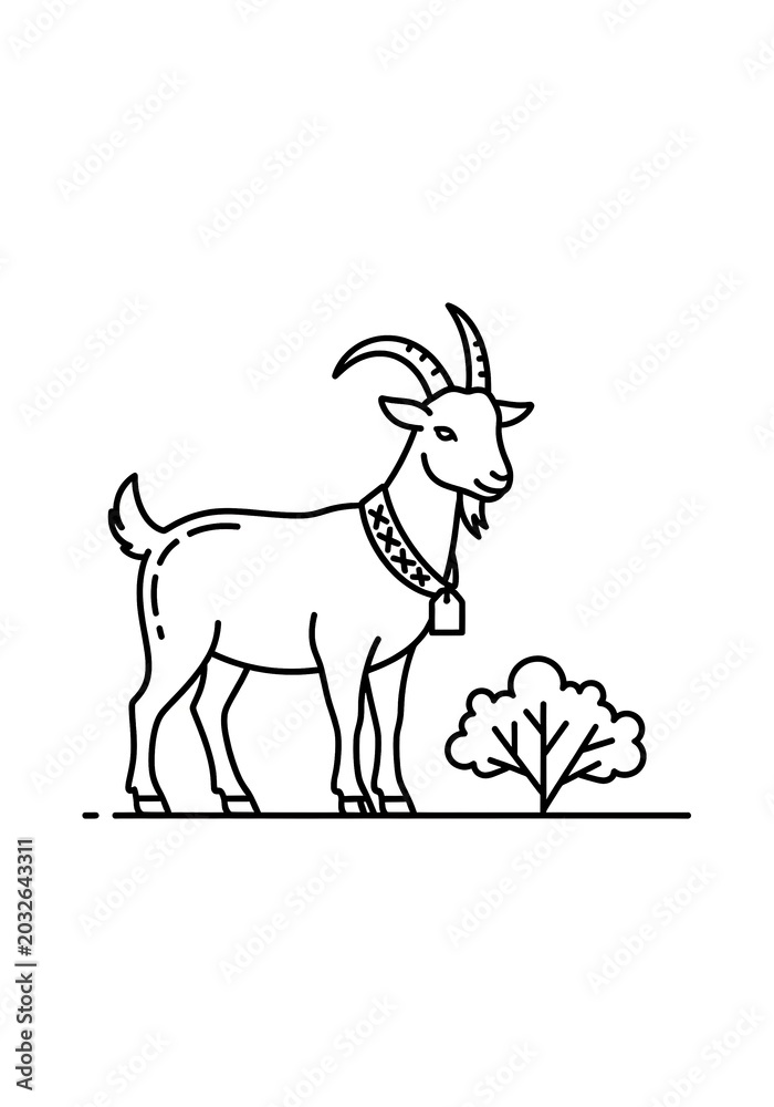 Fototapeta premium Farm goat standing near small bush line art illustration