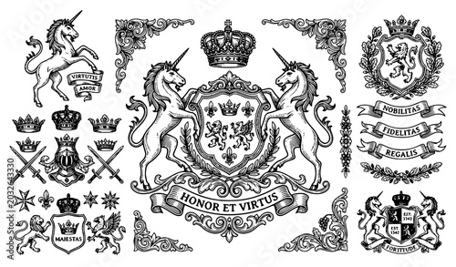 Obraz w ramie Heraldic Unicorn Design Elements Vector Set with Medieval Crest and Royal Emblems