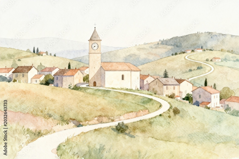 Naklejka premium Painting of a village with church and winding road