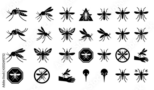 Photos Minimal Mosquito Silhouette Vector Set with Monochrome Disease Pest Insect Symbo