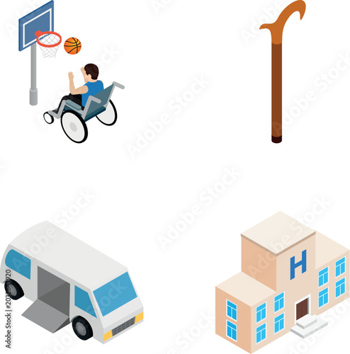 Flat isometric design showing disability, mobility, sport, and healthcare elements on a white background