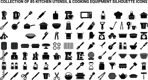 Foto Collection of 85 kitchen utensil and cooking equipment silhouette icons