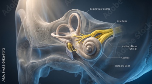 Detailed 3D illustration of the human inner ear showing cochlea semicircular canals vestibular system and auditory nerve