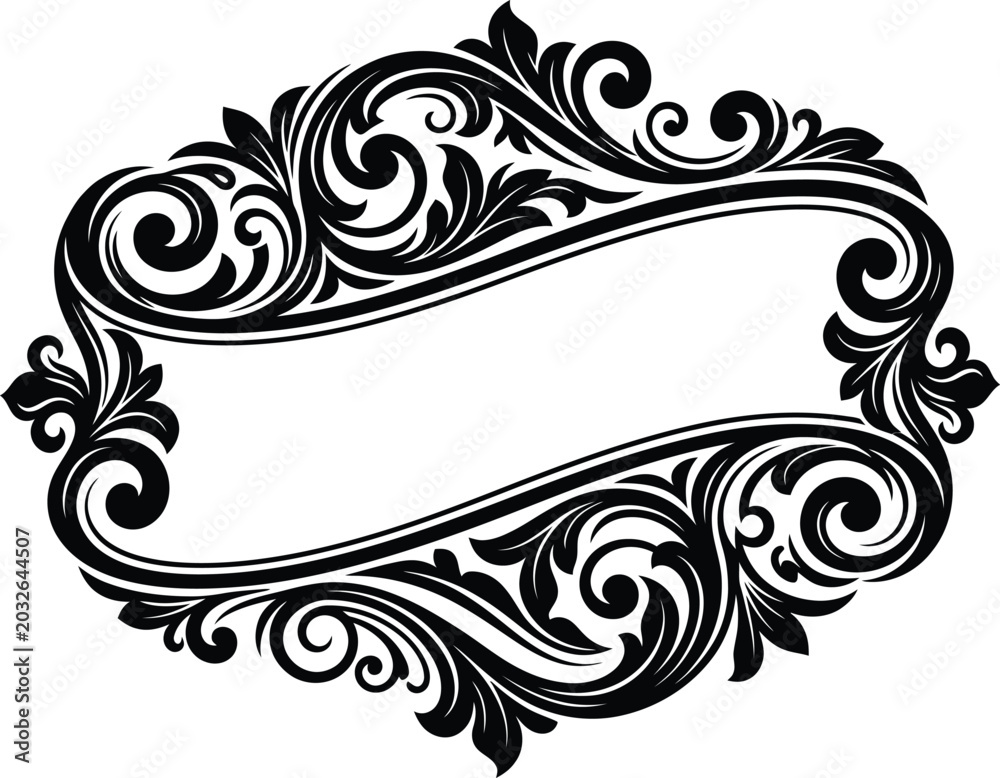Fototapeta premium Vintage baroque manner border frame banner with scroll ornaments vector rendering isolated on white backdrop.