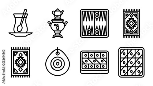 Bild auf Leinwand Azerbaijani Cultural Icons: Tea, Samovar, Rugs, Backgammon, Nazar, Baklava Vecto