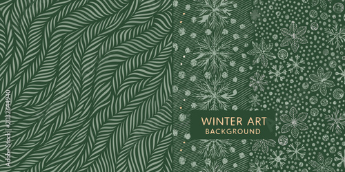 Foto watercolor pine needle and snowflake pattern in muted teal and gray tones