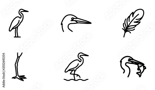 Photos Heron Bird Icons, Feather, Footprint, and Fish Catch Vector Set