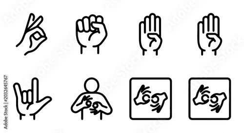 Quadro su tela Sign Language Icons, Hand Gestures Collection, Communication Symbols, ASL Alphab