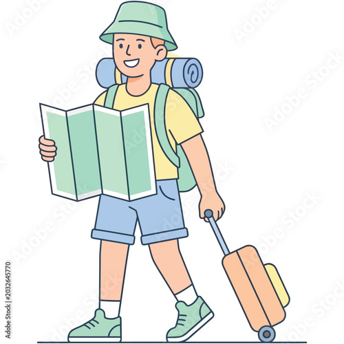 Fényképezés Traveler boy holding map pulling suitcase ready for adventure trip