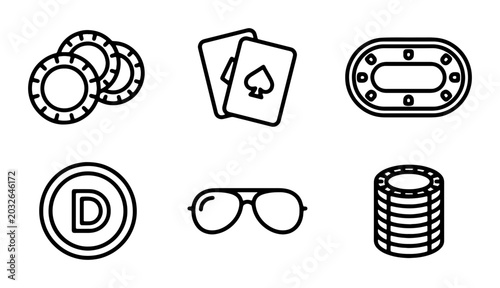 Schilderij op canvas Casino Icons Set: Poker Chips, Cards, Table, Glasses, Coin, Vector Graphics for