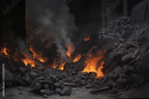 Flames and smoke rise from a pile of burning coal inside a dark industrial building, creating a dramatic scene of industrial activity