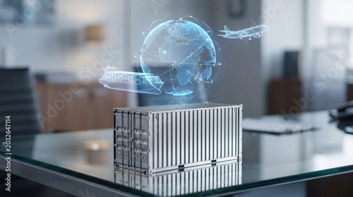 Global logistics and international shipping concept with a miniature cargo container and digital holographic globe